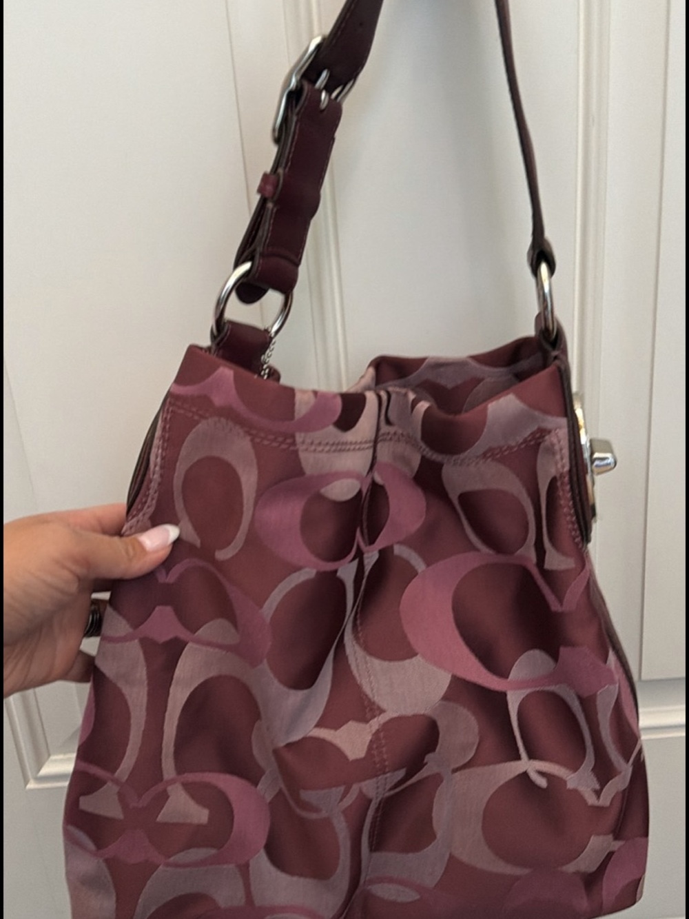 Coach Pink and Maroon Signature Shoulder Bag